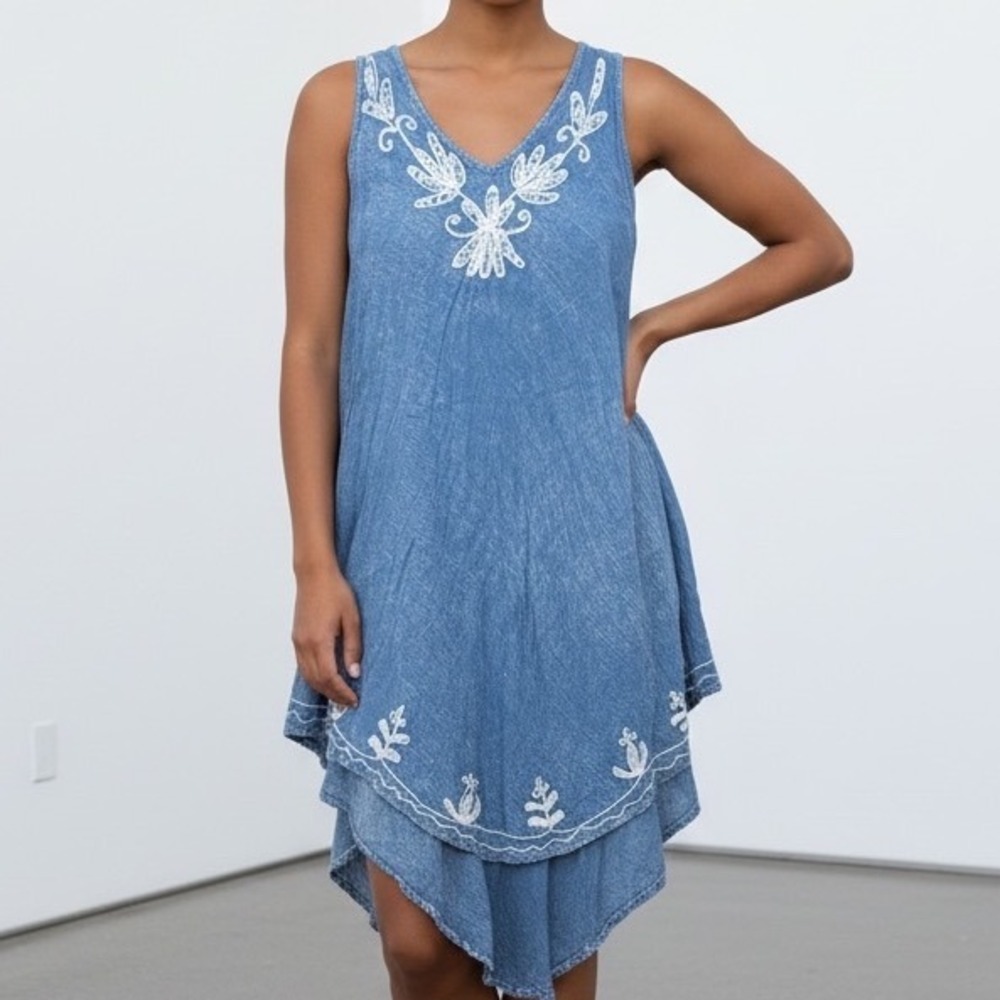 Acid Wash Dress‎ Embroidered Sharkbite Hem Tank Free Size Boho peasant hippie